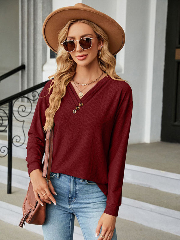 V Neck Button Loose Long Sleeve T-Shirt Top Women&