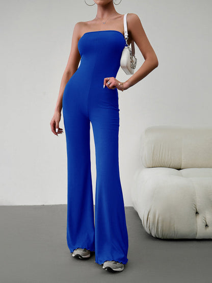 Back view of blue jumpsuit, lace-up detail