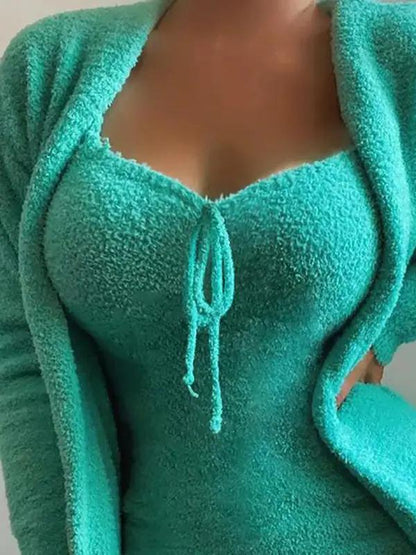 Turquoise plush suspenders pajamas cardigan coat set