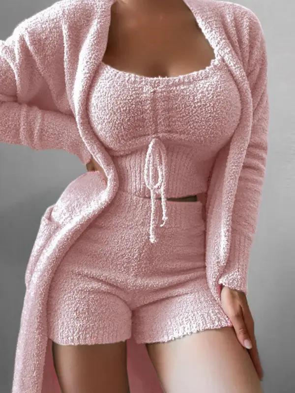Pink plush camisole long coat shorts 3-piece suit