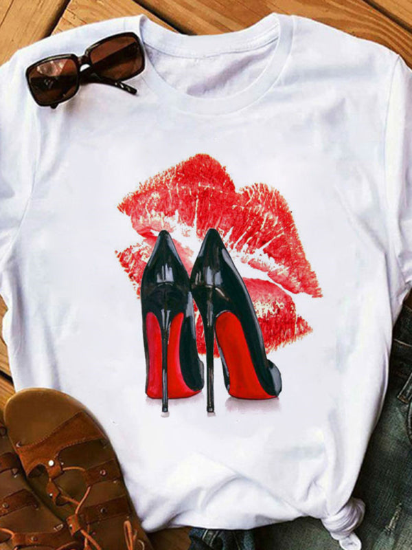 sexy leopard print lips t-shirt round neck short-sleeved T-shirt women&