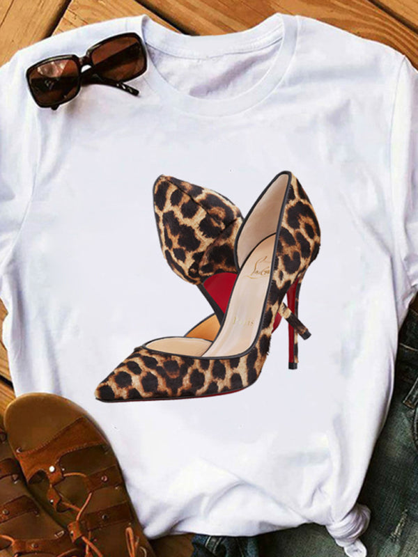 sexy leopard print lips t-shirt round neck short-sleeved T-shirt women&