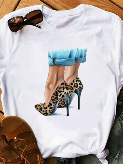 Sexy Lippen-T-Shirt mit Leopardenmuster, Rundhalsausschnitt, kurzärmeliges T-Shirt für Damen 