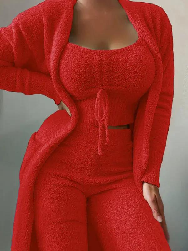 Red plush tie camisole jacket trousers 3-piece suit