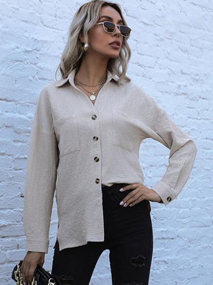 Fashion Ladies Long Sleeve Solid Color Lapel Mid Length Vintage Shirt