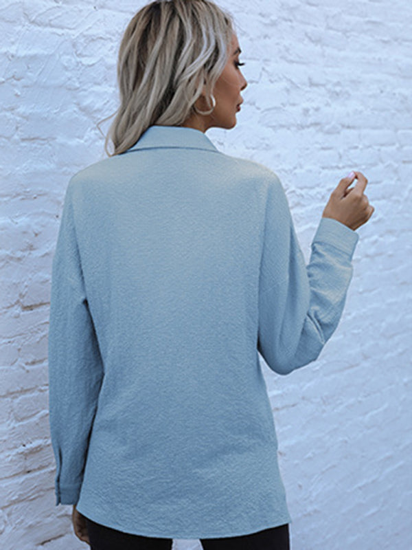 Fashion Ladies Long Sleeve Solid Color Lapel Mid Length Vintage Shirt