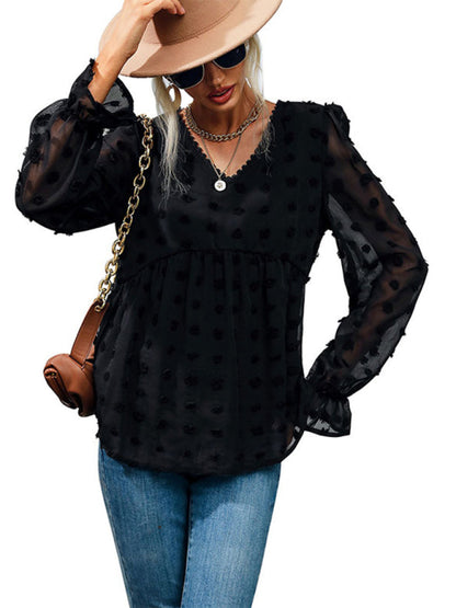 Damenmode-Oberteile, dünnes, lockeres, langärmliges schwarzes Hemd mit V-Ausschnitt 