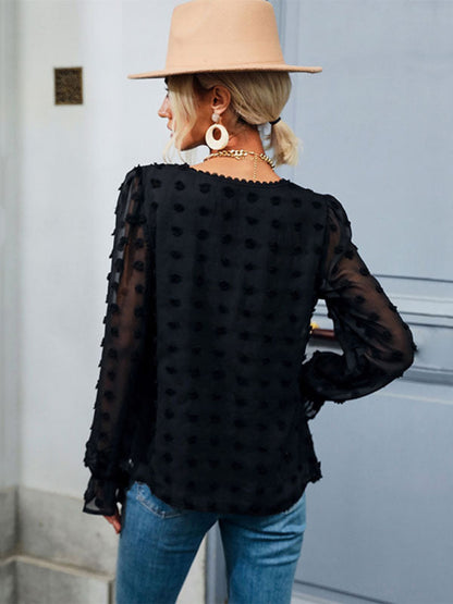 Damenmode-Oberteile, dünnes, lockeres, langärmliges schwarzes Hemd mit V-Ausschnitt 