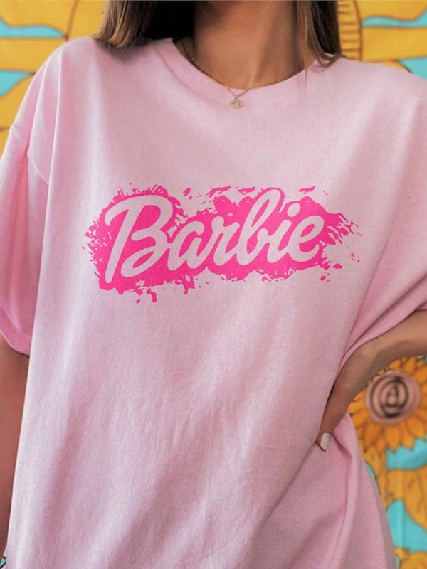 Barbie imprimé lettre imprimé sport décontracté t-shirt à manches courtes pour femmes 