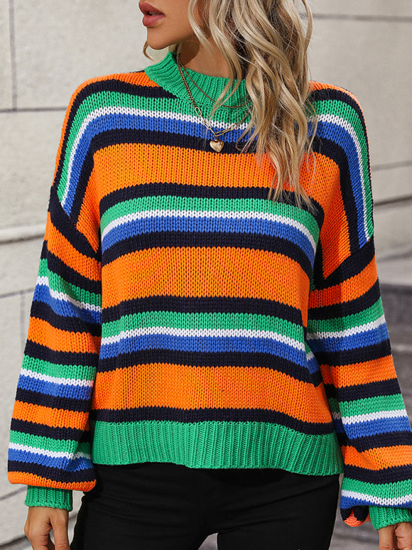 Paneled Knit Loose Intercolor Crewneck Striped Sweater