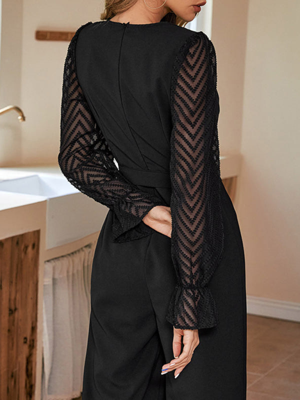 Back view of black jumpsuit with patterned sleeves