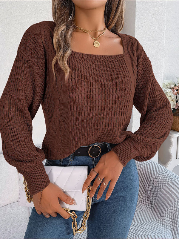 Nouveau Pull tricoté à manches lanternes torsadées pour femmes, couleur unie, col carré, pull 