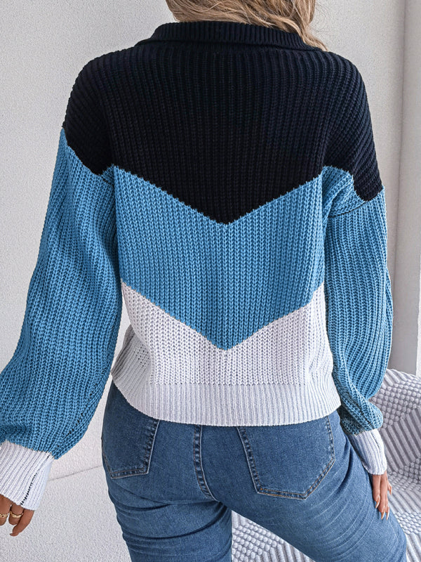 New Ladies Lapel Collar Contrast Color Long Sleeve Knitted Pullover Sweater