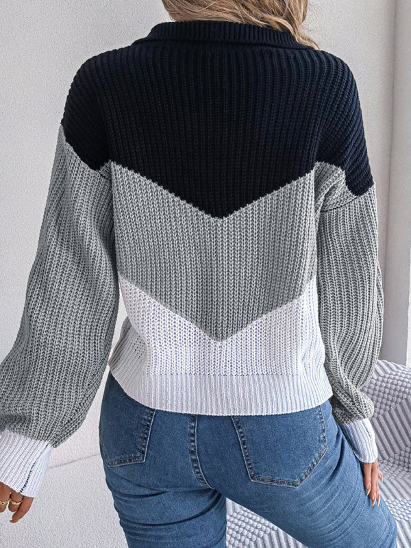 New Ladies Lapel Collar Contrast Color Long Sleeve Knitted Pullover Sweater