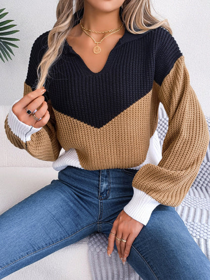 New Ladies Lapel Collar Contrast Color Long Sleeve Knitted Pullover Sweater