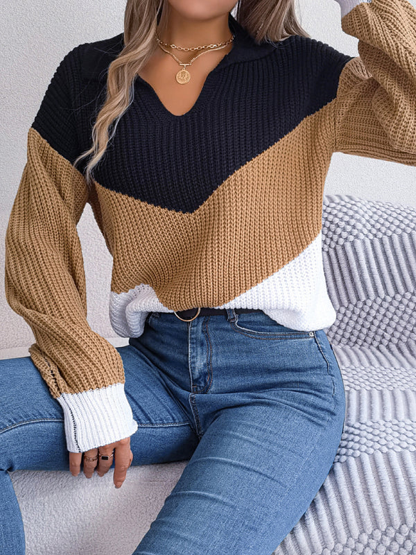 New Ladies Lapel Collar Contrast Color Long Sleeve Knitted Pullover Sweater