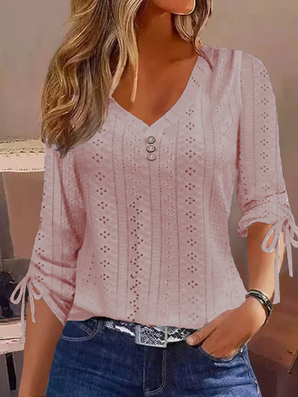 Neues Damen-T-Shirt mit einfarbigem Jacquard-Knopf und langen Ärmeln 