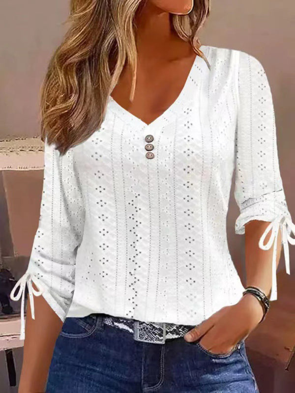 Neues Damen-T-Shirt mit einfarbigem Jacquard-Knopf und langen Ärmeln 