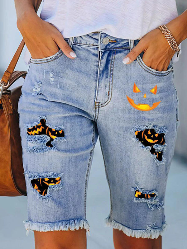 Nouveau denim décontracté cinq points pantalon Halloween imprimé pantalon bord brut jean 