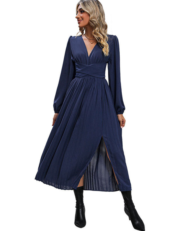 Damen Neues einfarbiges Taillenbandage-Schlitz-Langarmkleid