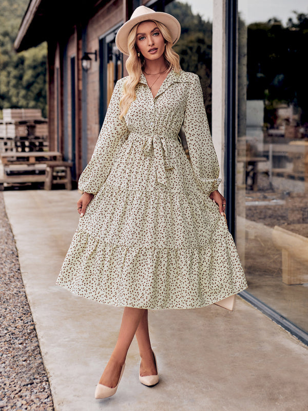 Printed tie-waist long-sleeved shirt dress