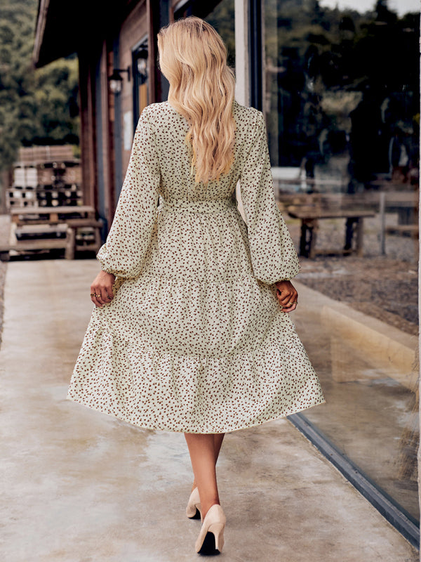 Printed tie-waist long-sleeved shirt dress