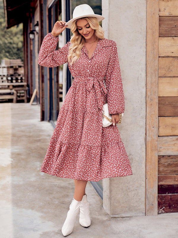 Printed tie-waist long-sleeved shirt dress