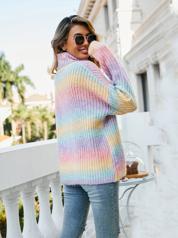 Neuer Damen-Regenbogenpullover mit Rollkragen und langen Ärmeln 