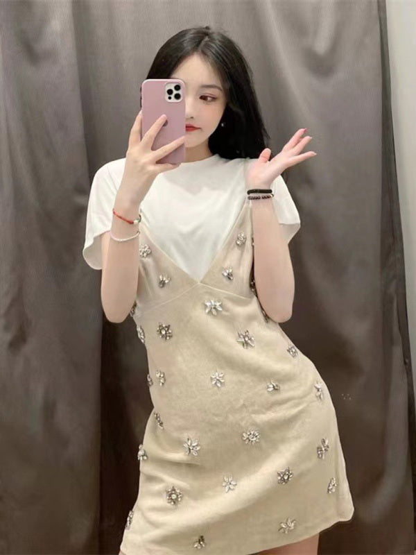 New French slim fit hand-embellished suspender dress