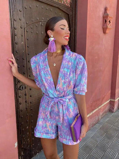 Fashionable printed jumpsuit with elastic waist and V-neck
