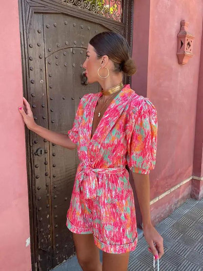 Colorful elastic waist jumpsuit with short sleeves