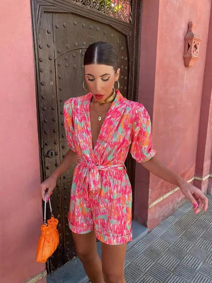 Chic bubble sleeve jumpsuit in bright print