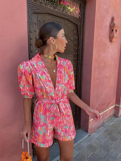 Stylish printed jumpsuit with tie waist and V-neck