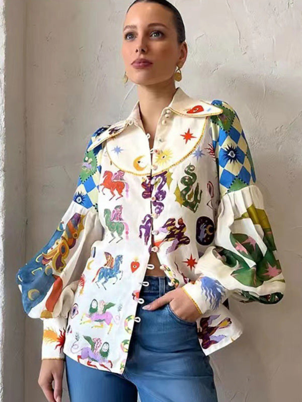 New style single-breasted lapel printed lantern sleeve long-sleeved shirt