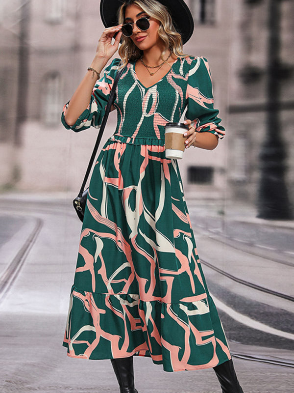 Modisches bedrucktes Langarmkleid für Damen 