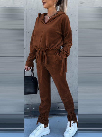 New casual long-sleeved solid color hooded sweater harem pants suit two-piece set