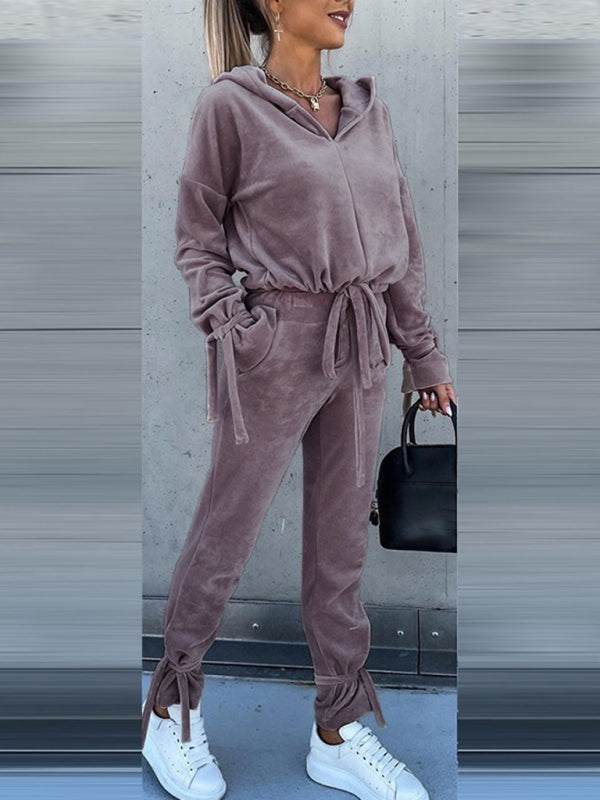 New casual long-sleeved solid color hooded sweater harem pants suit two-piece set