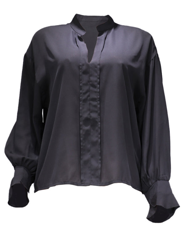 New solid color fashion all-match loose long-sleeved chiffon blouse