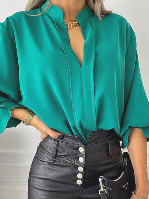 New solid color fashion all-match loose long-sleeved chiffon blouse