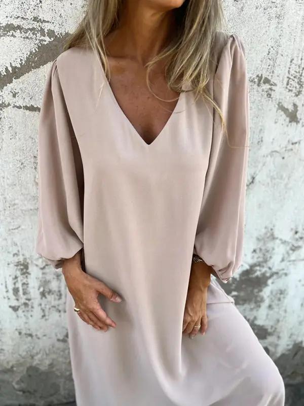 Beige V-neck lantern sleeve dress, front view