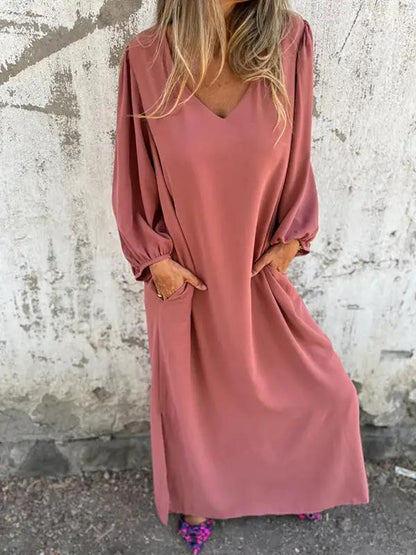 Robe décontractée à manches lanternes pour femmes, couleur unie, col en v, ample 