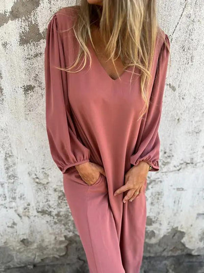 Robe décontractée à manches lanternes pour femmes, couleur unie, col en v, ample 