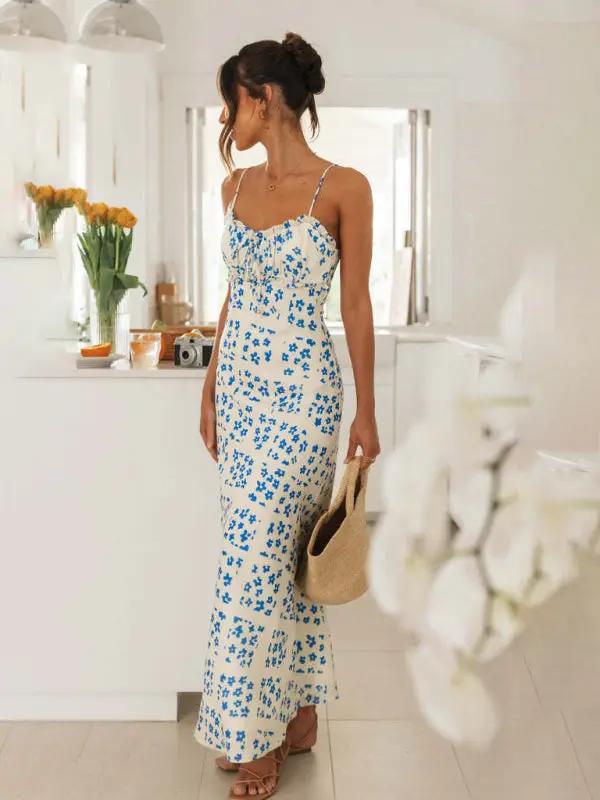 New spring and summer sexy slim-fit suspender V-neck printed backless long dress