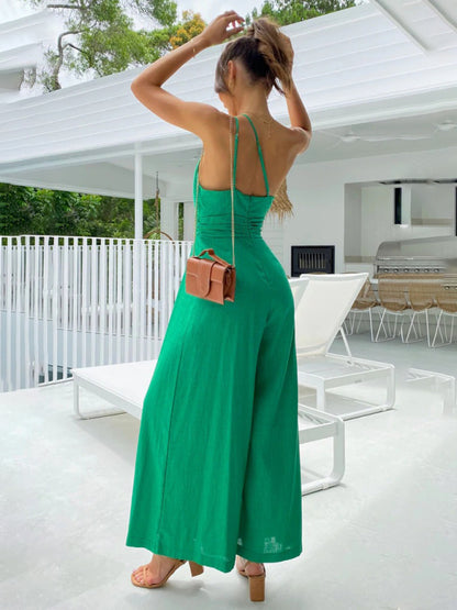 New casual, comfortable and refreshing sleeveless waistless backless loose wide-leg jumpsuit