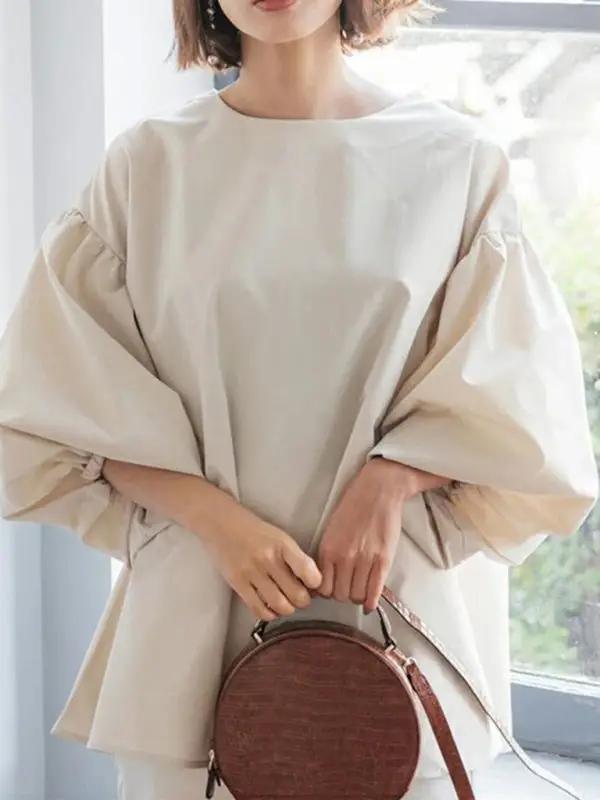 Beige lantern sleeve round neck shirt front view