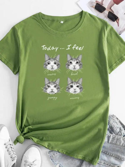 T-shirt à manches courtes et col rond imprimé chat, nouvelle collection 