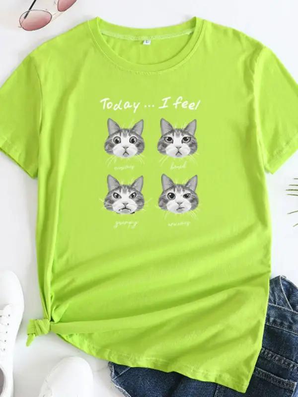 Lime green cat print round neck short sleeve T-shirt