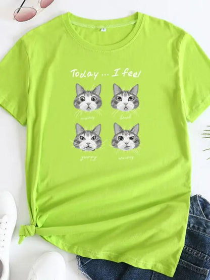 New cat print round neck short sleeve T-shirt