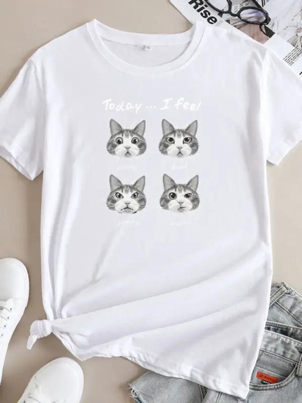 T-shirt à manches courtes et col rond imprimé chat, nouvelle collection 