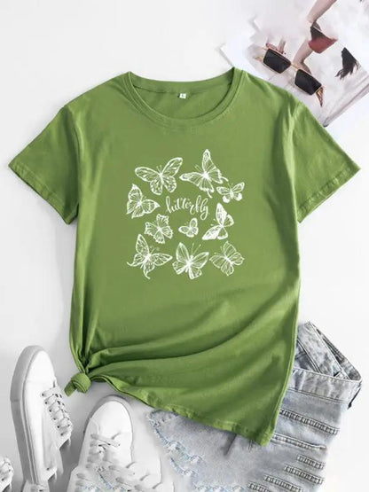 Olive green butterfly print round neck short sleeve T-shirt